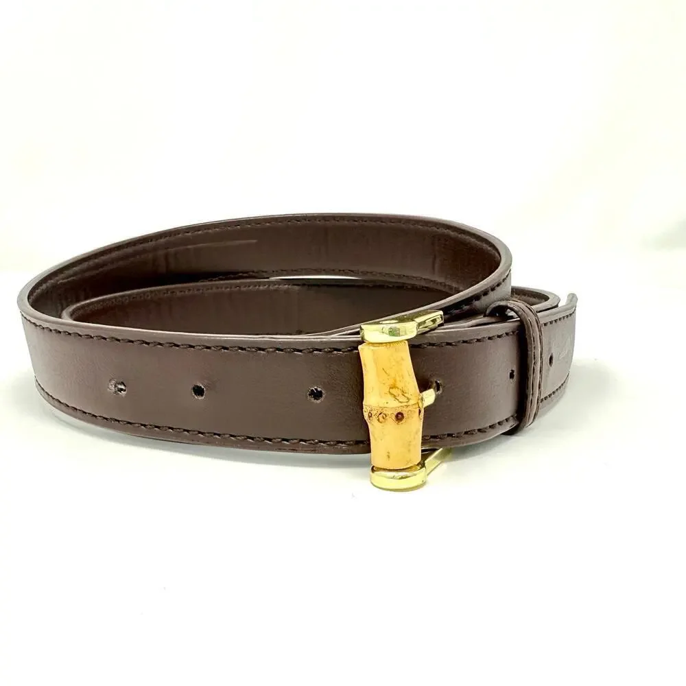 Faux Brown Leather Belt Gold and Bamboo Buckle Women's VGUC